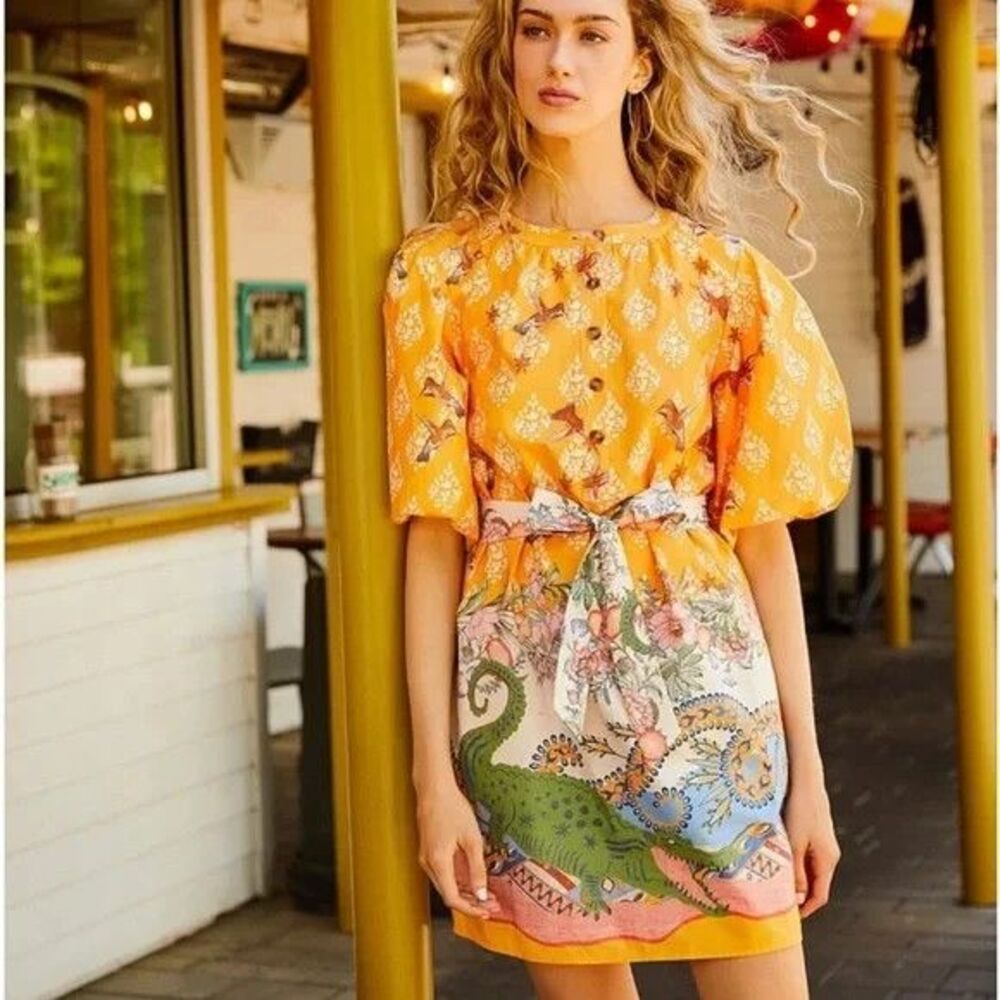 A Loves A Dress Size L Yellow Marigold Bird Alligator Puff Sleeve